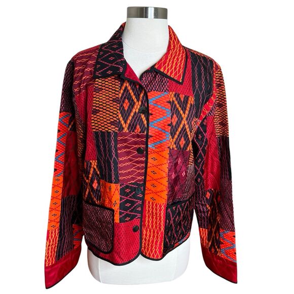 VTG Chicos Jacket Womens 1 Medium 100% Silk Red Patchwork Button Down Artsy - Picture 1 of 10
